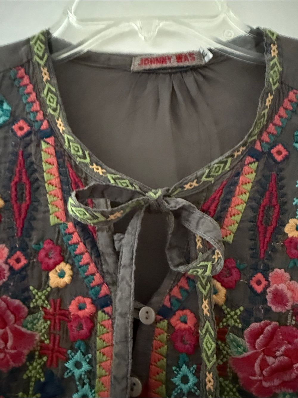 Johnny Was Charcoal Blouse with Vibrant Multicolor Embroidery - Picture 4 of 6